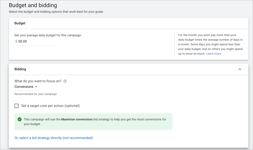 how to set a budget and bidding strategy in google ads