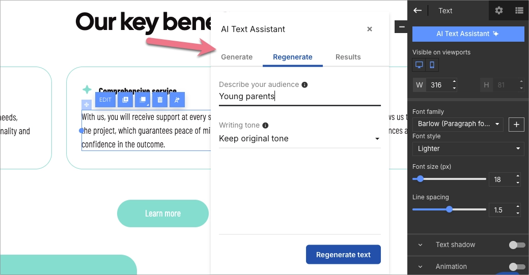 AI Text Assistant regenerating content based on audience and tone settings