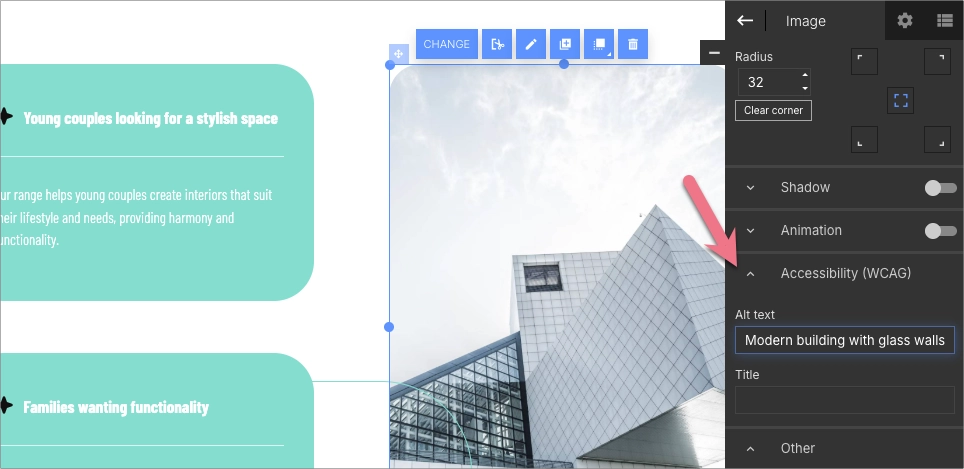 Setting alt text for an image in Landingi accessibility settings
