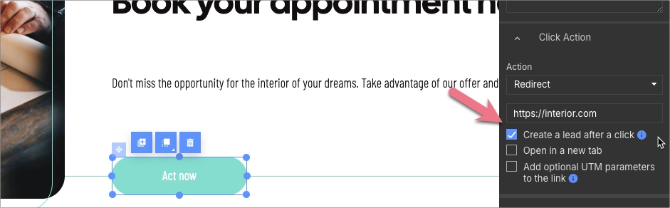Setting a click action for a button, including redirect and lead creation