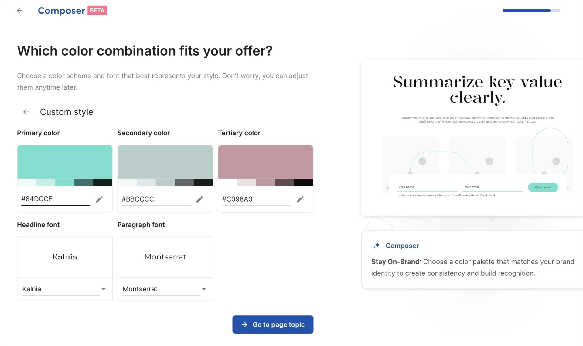 Composer interface for selecting color palette and fonts for a landing page