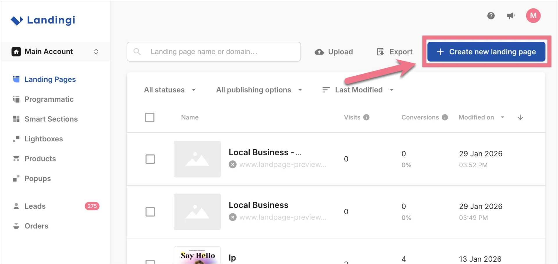 Landingi dashboard with the Create new landing page button highlighted