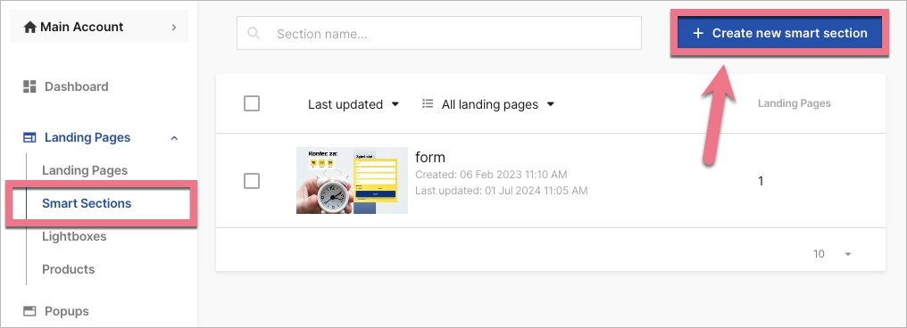 Creating new Smart Section in Landingi