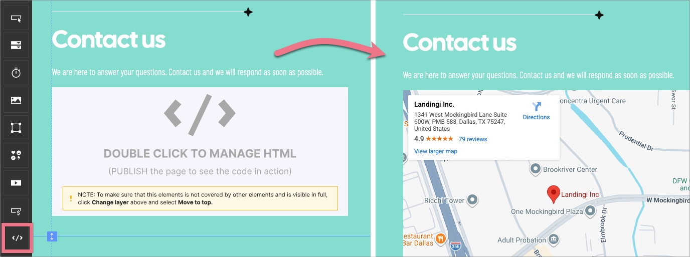 Embedding an interactive map using the HTML widget in Landingi