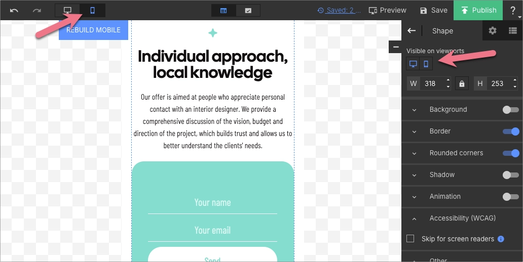 Editing the mobile view of a landing page with visibility settings in Landingi
