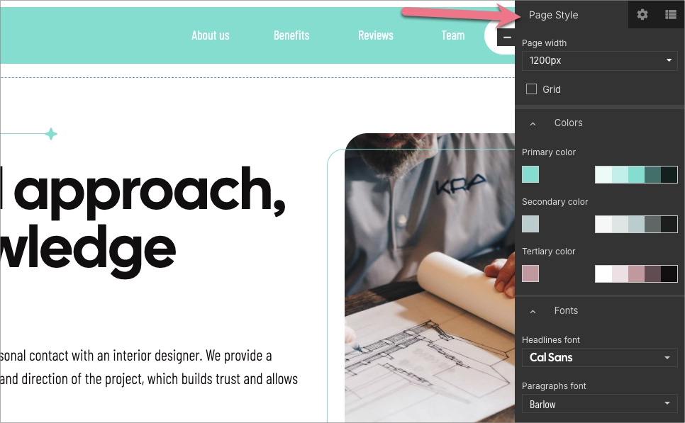 Page Style settings for managing colors, fonts, and layout width in Landingi