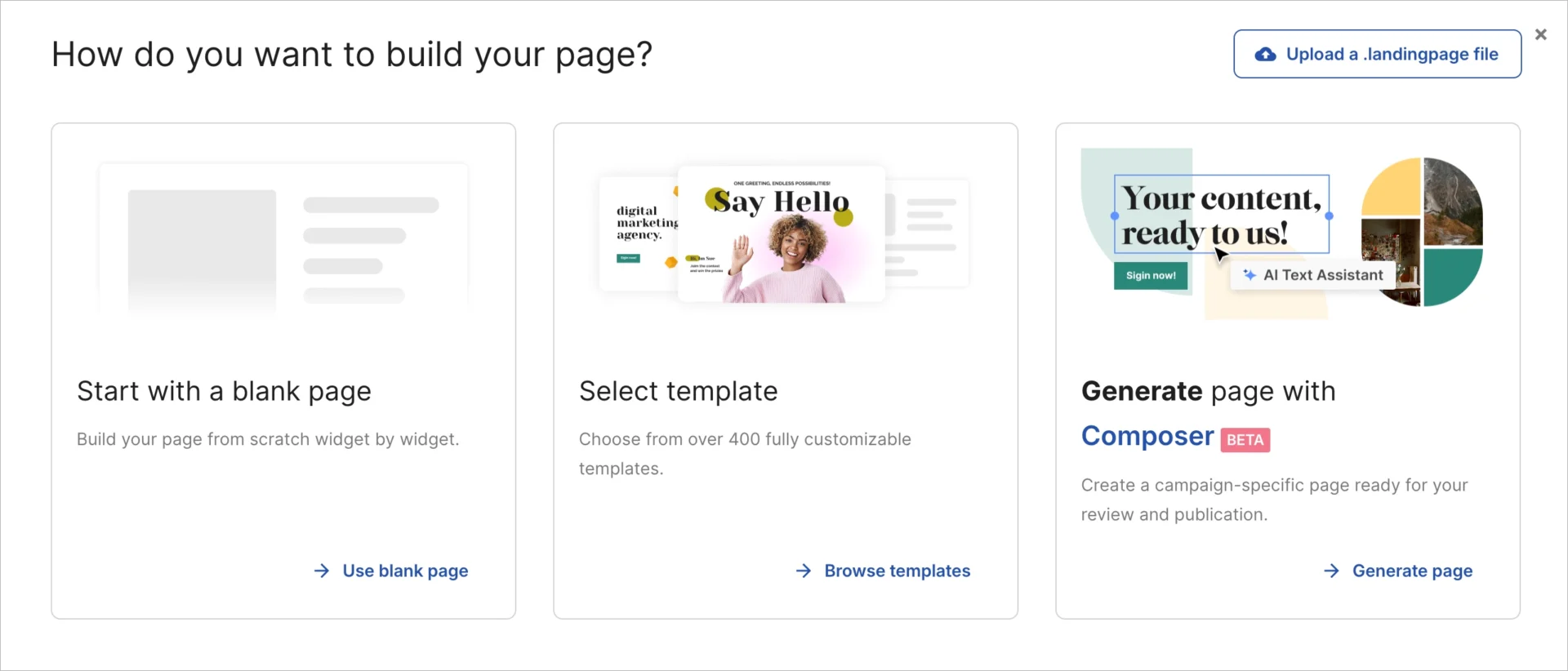 Options for building a landing page: blank page, template, or Composer