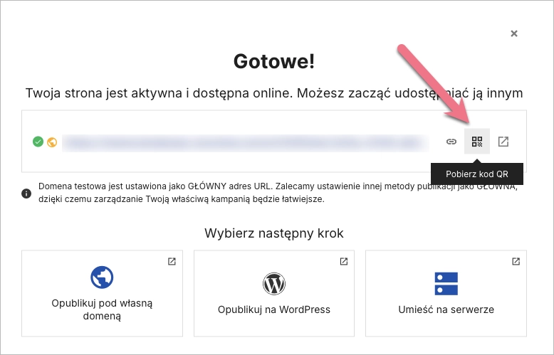 Pobieranie kodu QR podczas publikacji landing page'a