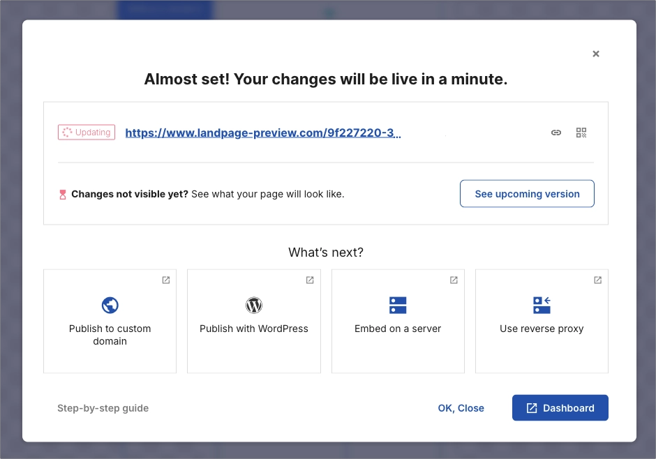Confirmation screen showing landing page publication status in Landingi
