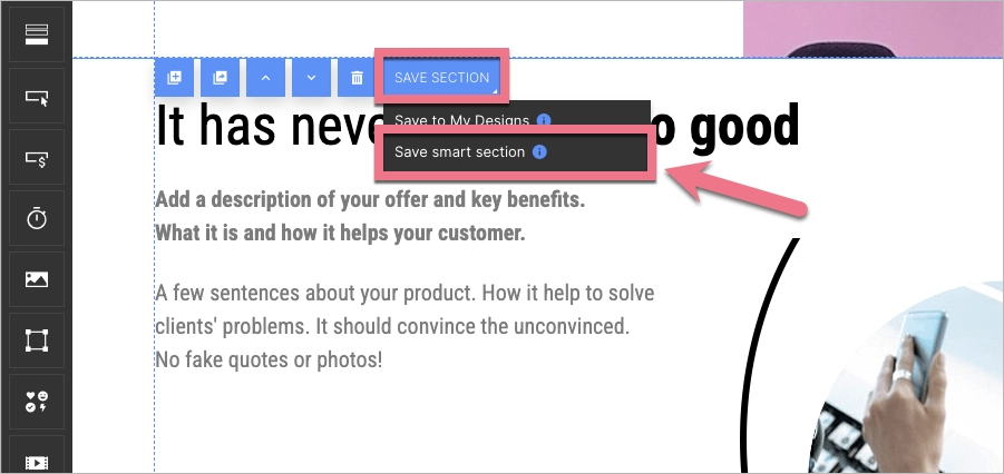 Saving Smart Sections in Landingi editor