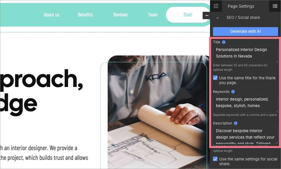 SEO settings panel with title and meta description fields in Landingi