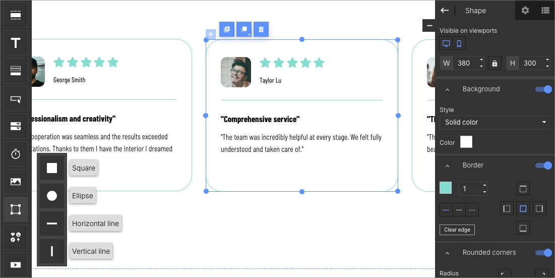 Adding and styling shape elements in the Landingi editor