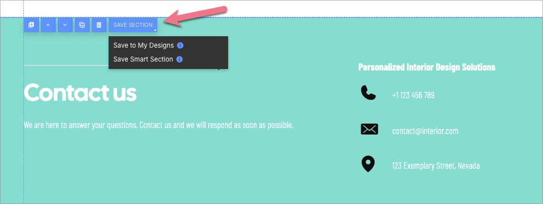 Saving a section as a Smart Section in the Landingi editor