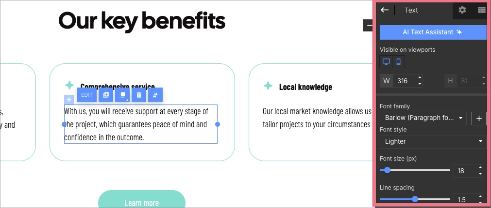 Editing text content directly on a landing page in the Landingi editor