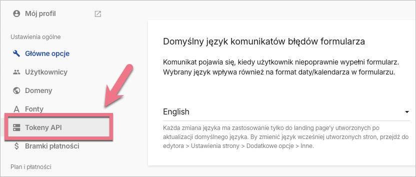Zakładka Tokeny API w Landingi