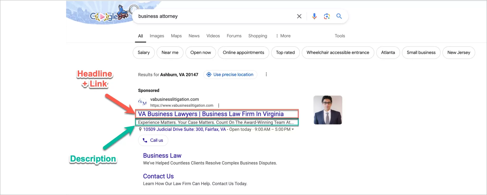 elementos del anuncio de pago por clic (ppc) - texto del anuncio en el titular con enlace y descripci&oacute;n
