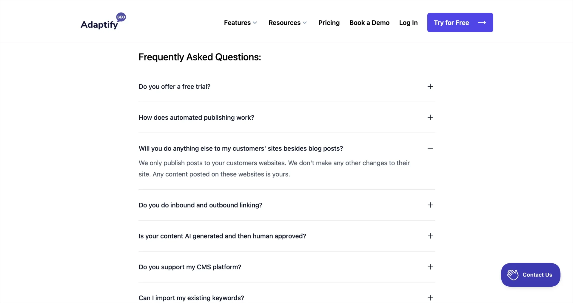 FAQ landing page example