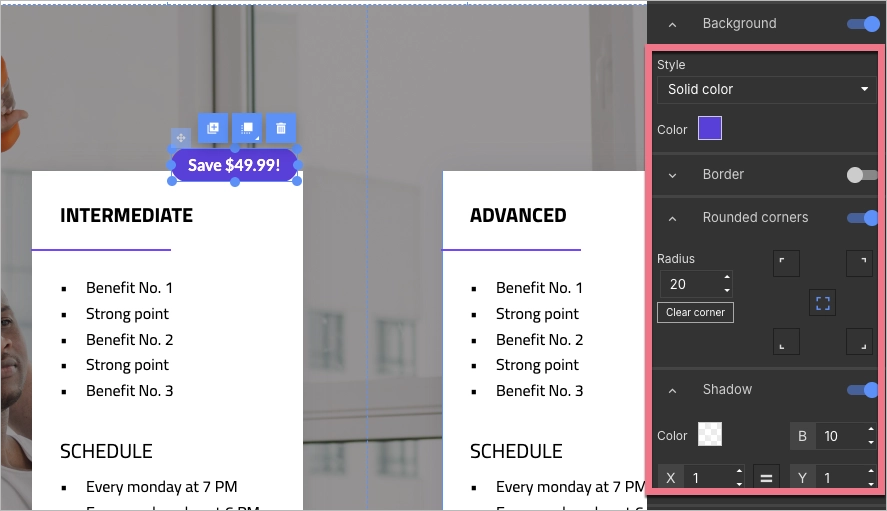 Bearbeiten von Formen und Texten in Landingi.