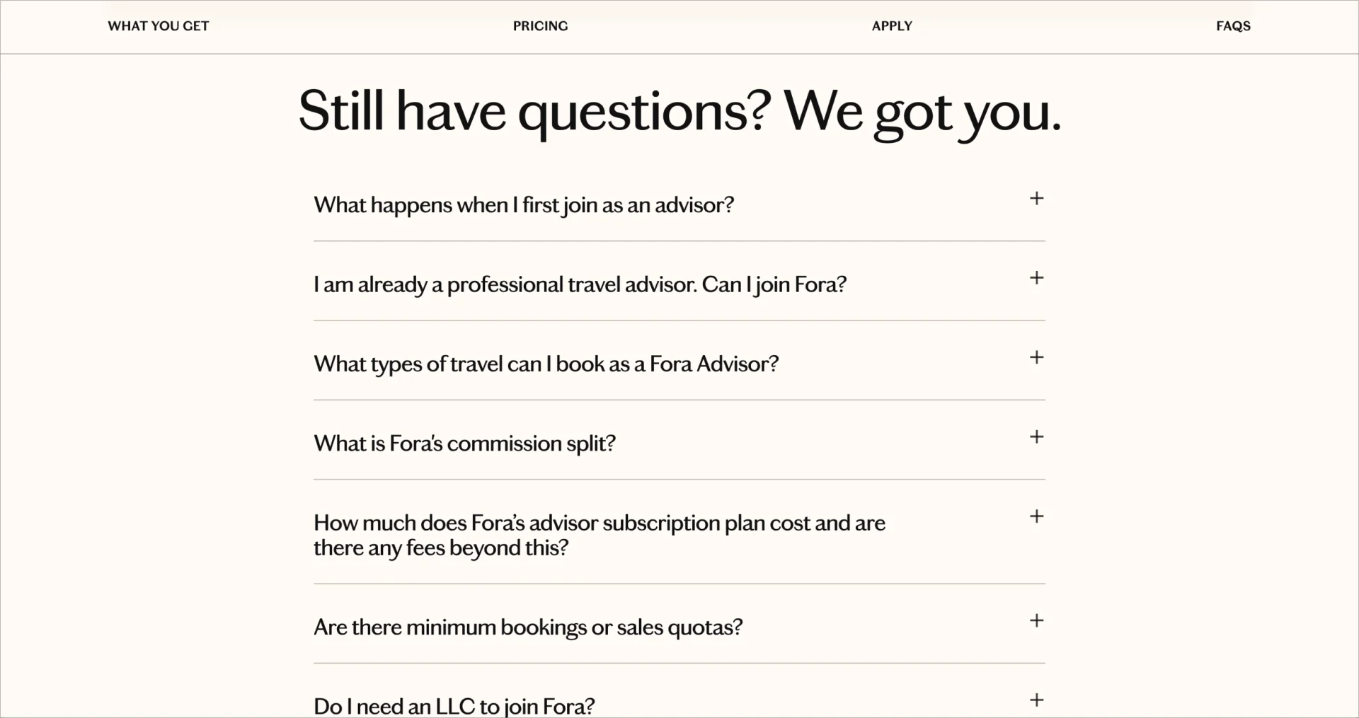Travel FAQ on landing page example