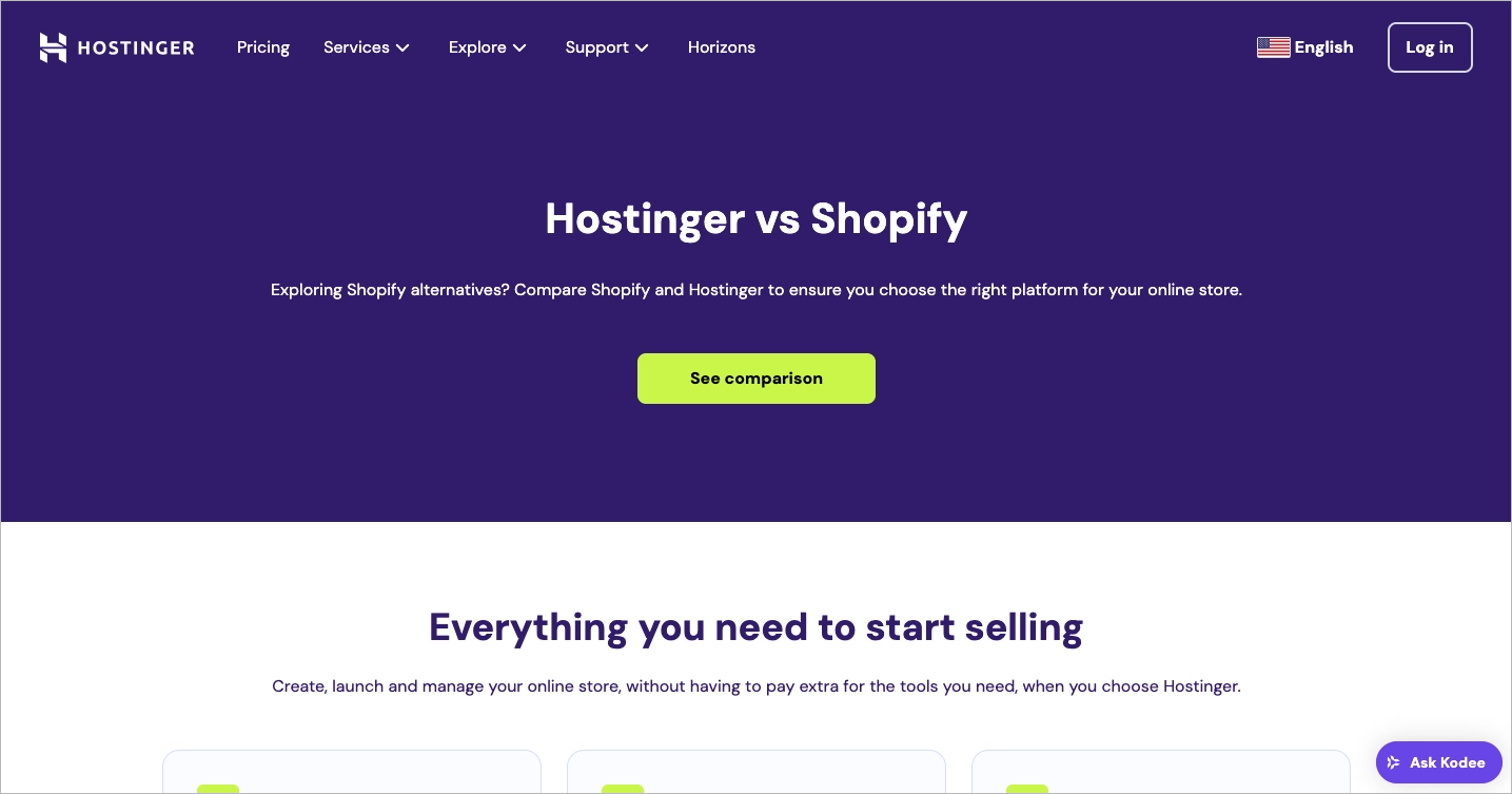 Hostinger vs. Shopify Seite