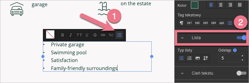 Opcje listy wypunktowanej w edytorze Landingi