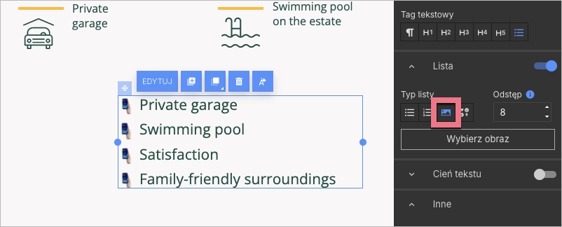Opcje listy wypunktowanej: typ obrazu
