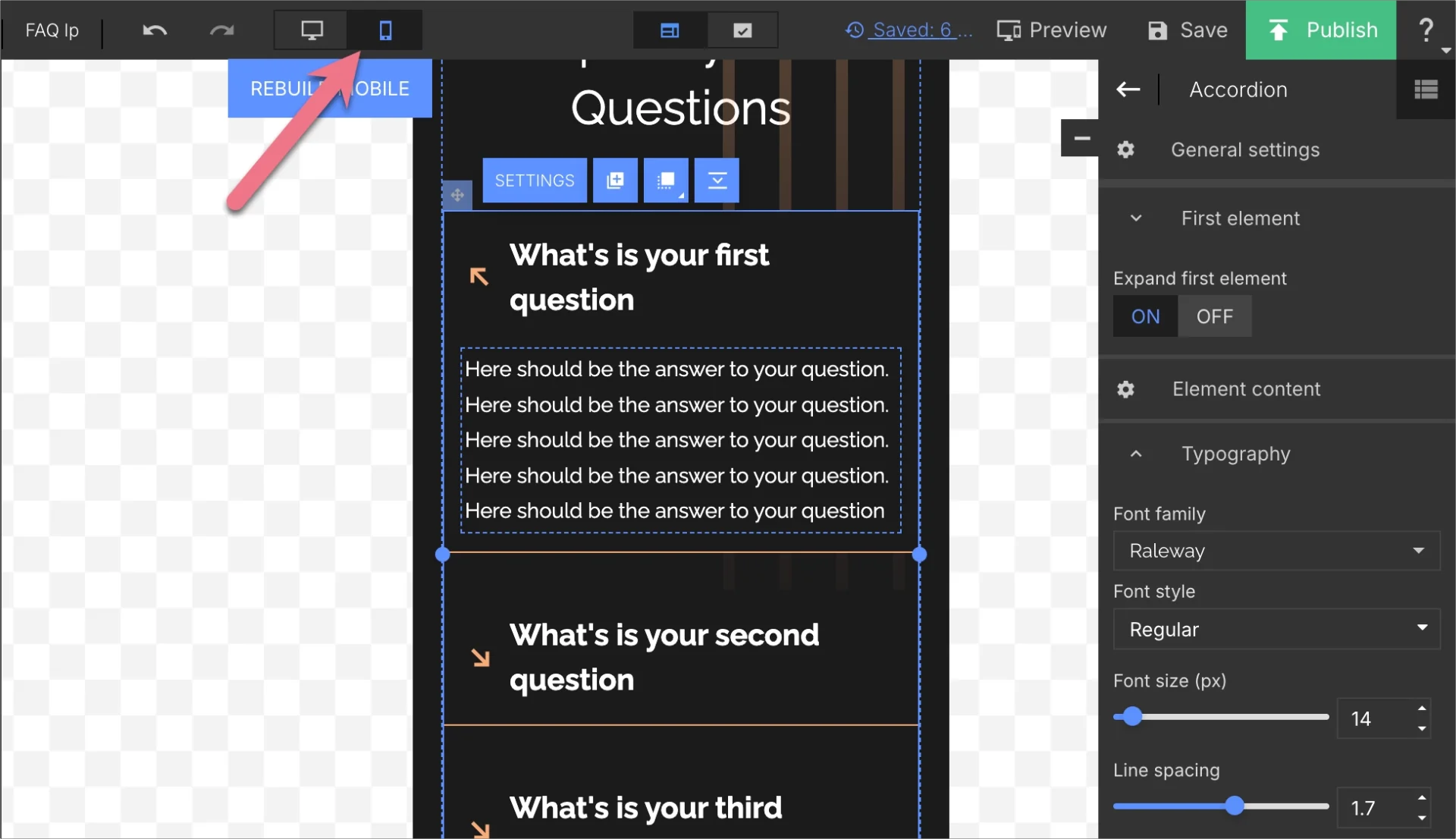 Editing mobile view in landing page builder