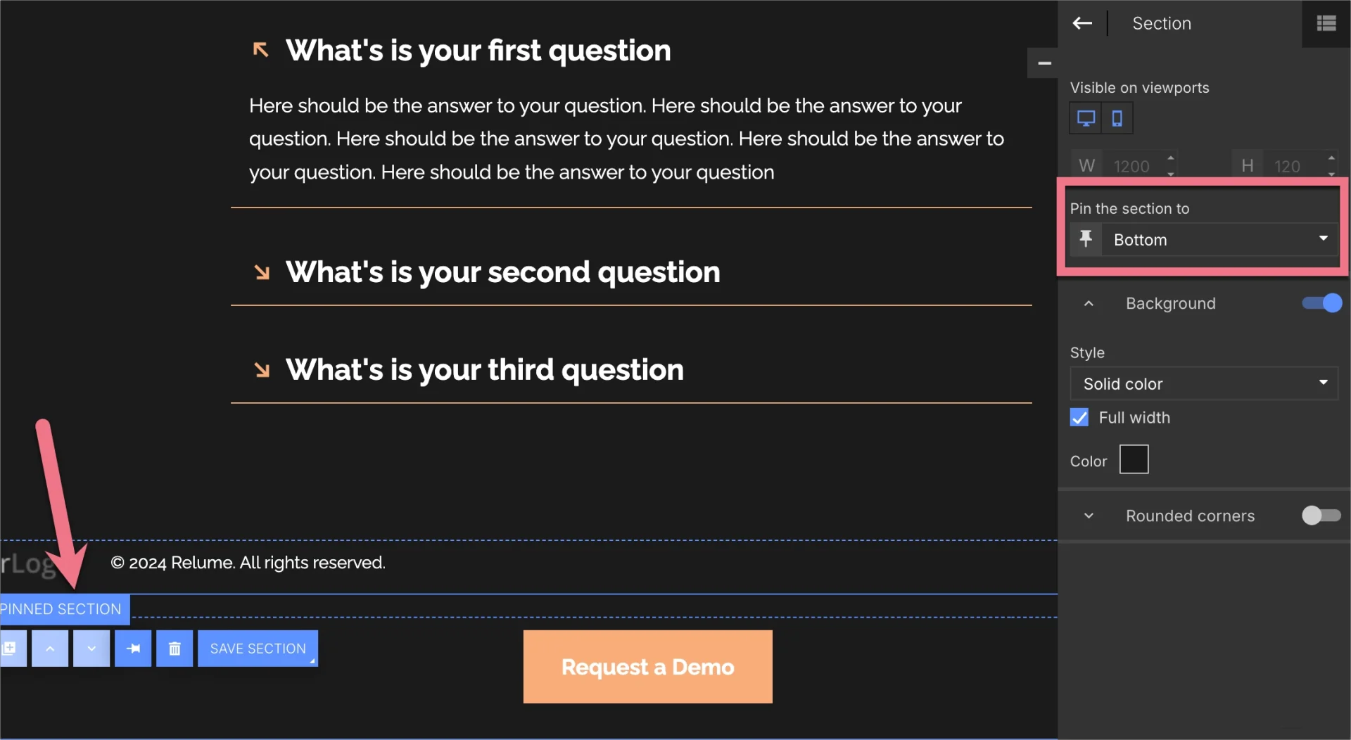 Landing page editor with section pinned to bottom