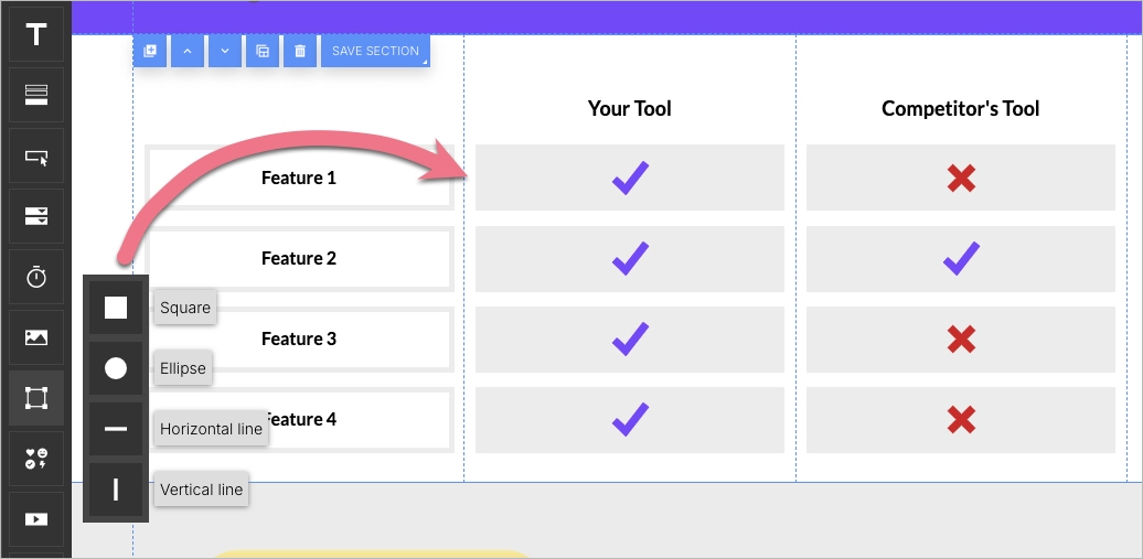 Bautabelle mit Formen, Symbolen und Text.
