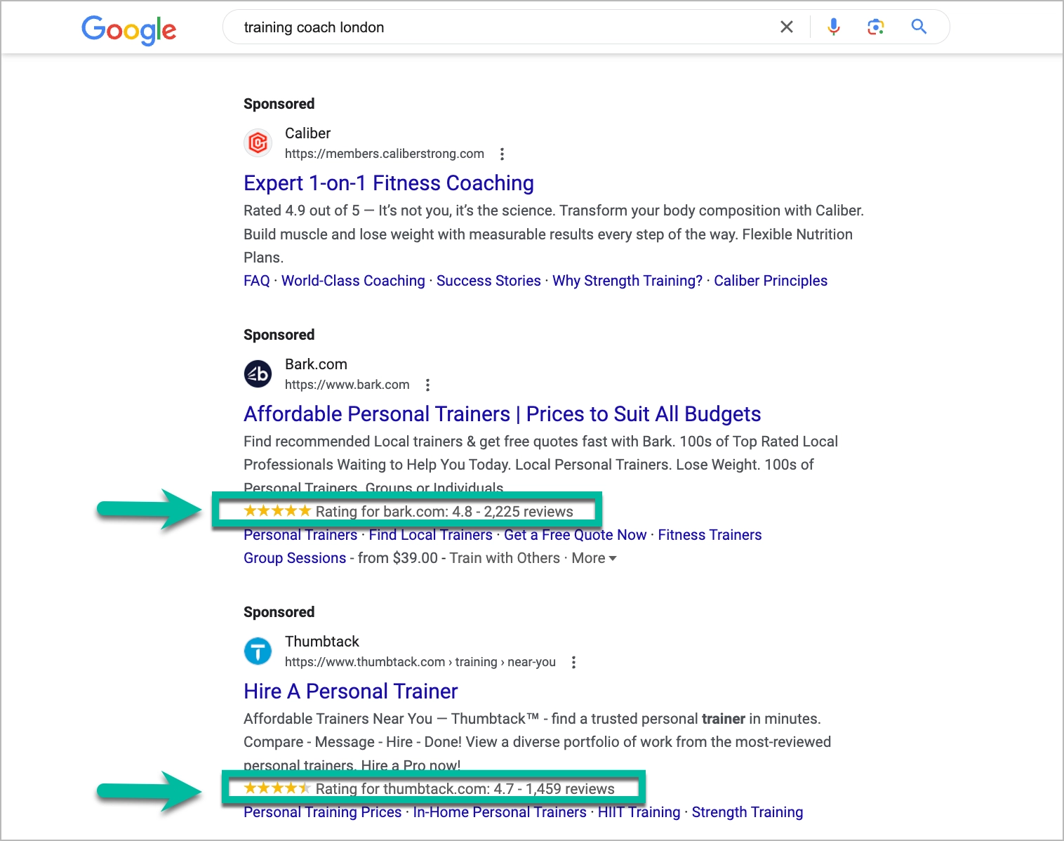 valutazioni del venditore nell'annuncio di ricerca 