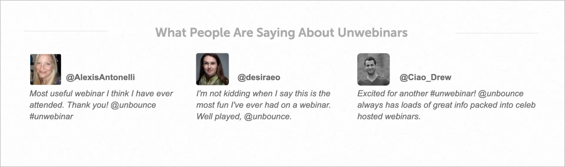 Um webinar bem projetado landing page incentiva os visitantes com depoimentos dos participantes