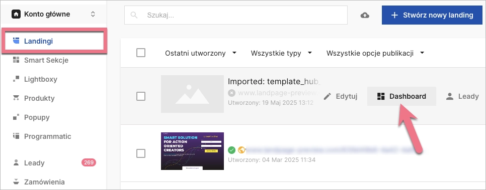 Przycisk Dashboardu landing page'a