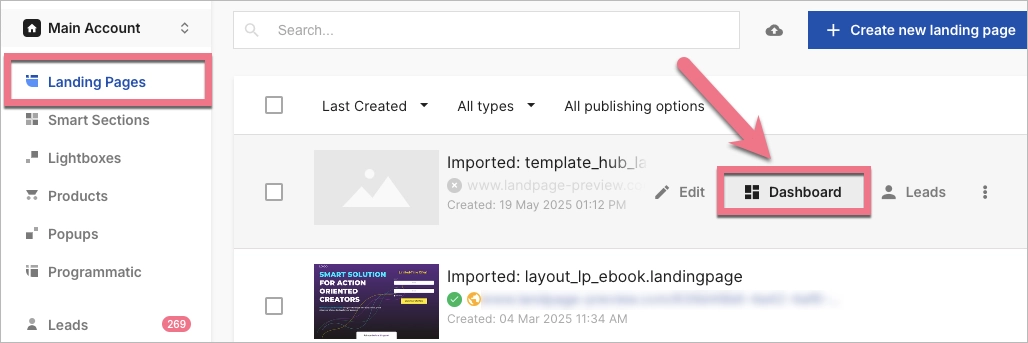 Dashboard button in Landingi