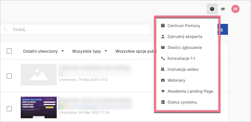 Menu Pomoc w Landingi