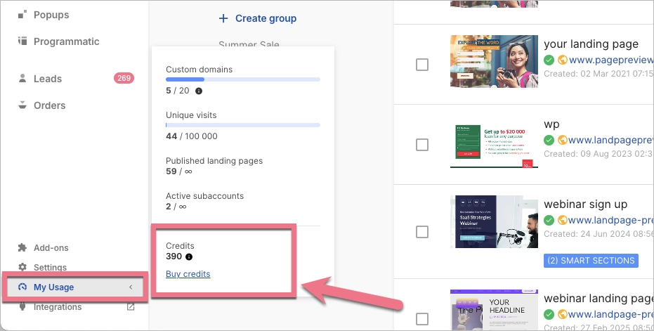 Total credit pool in Landingi