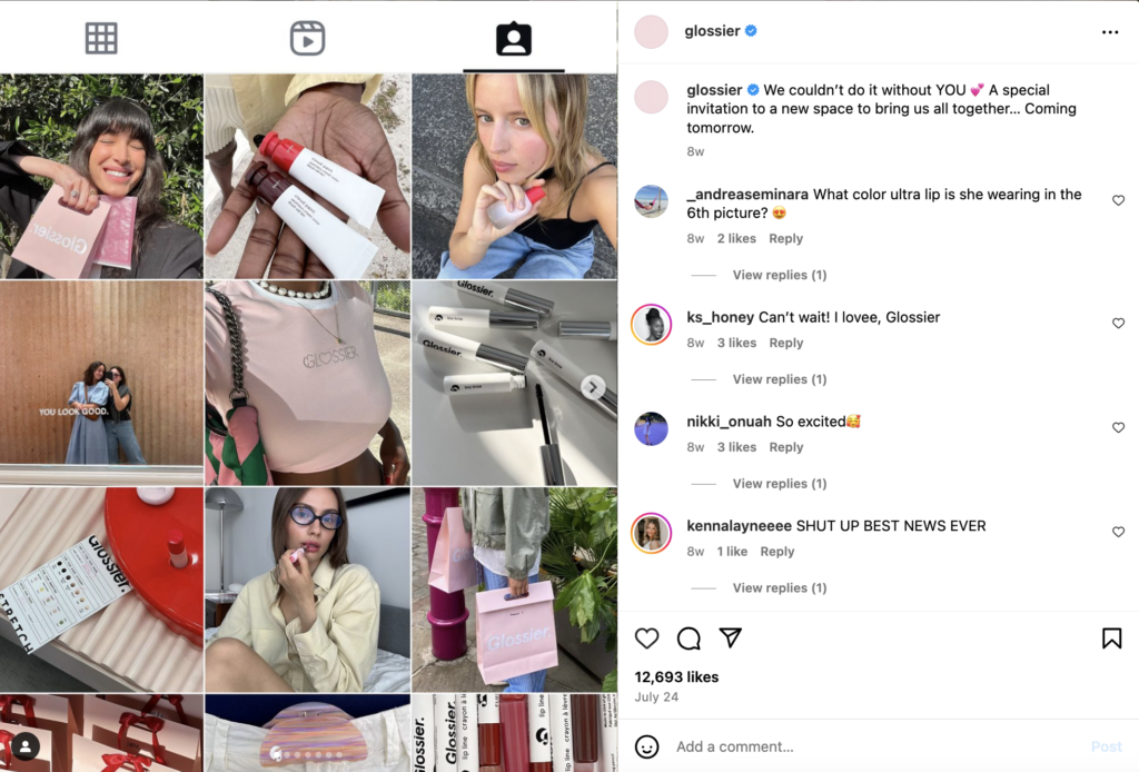 Glossier&rsquo;s social media account