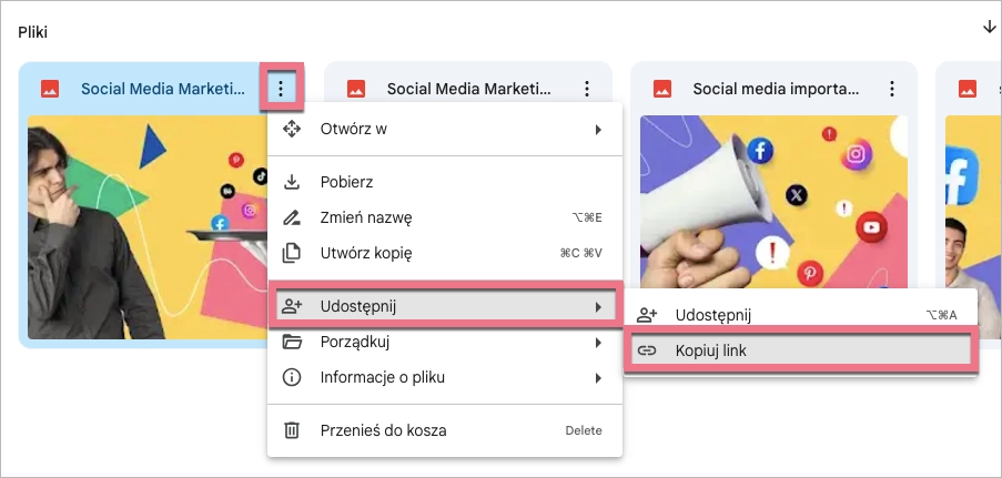 Skopiuj link obrazu z Dysku Google