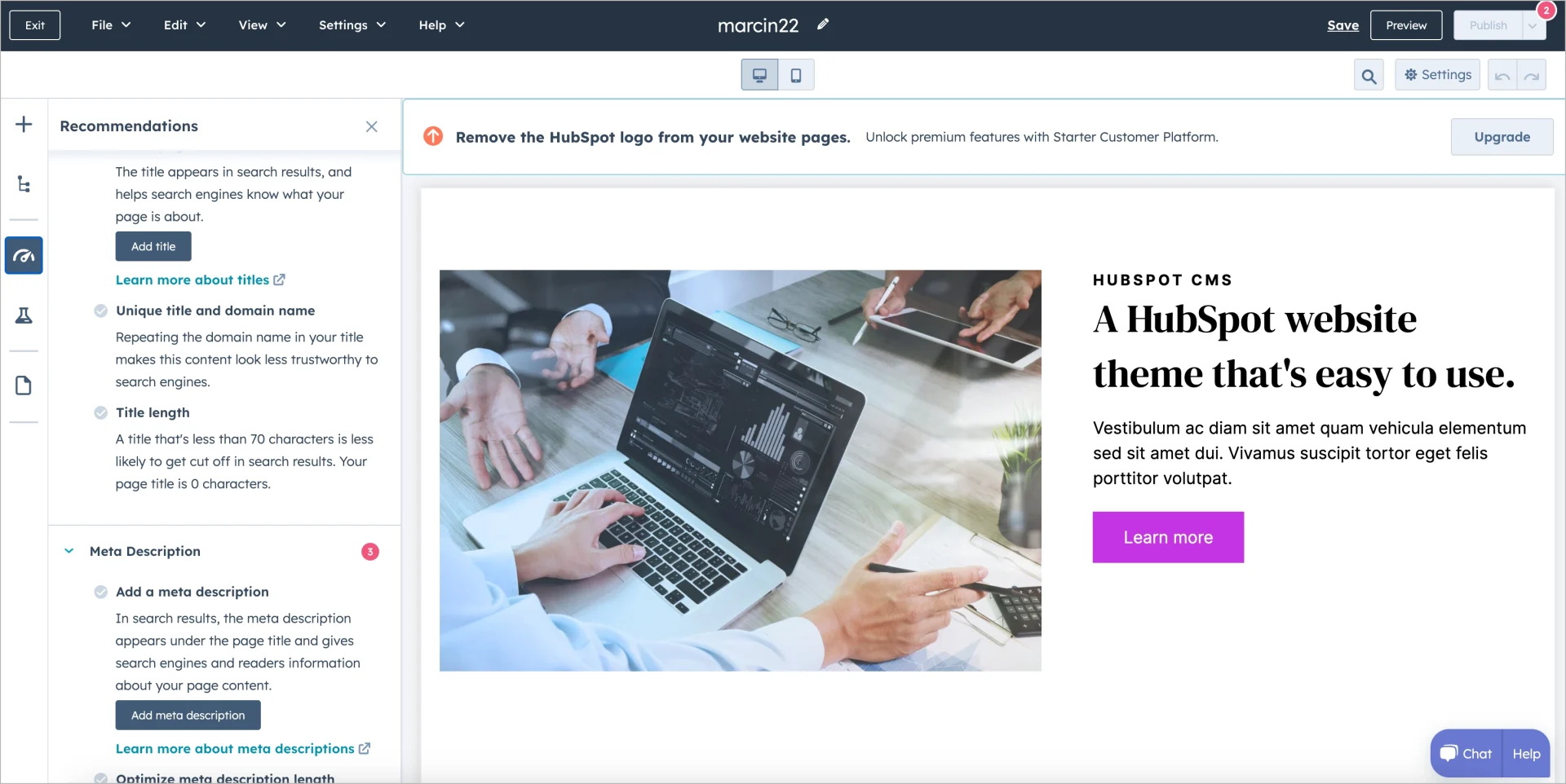 Le cr&eacute;ateur gratuit de landing page hubspot en action