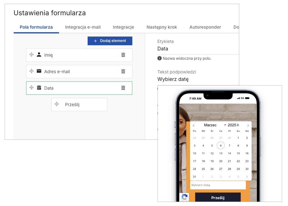 Kalendarz w formularzu Landingi