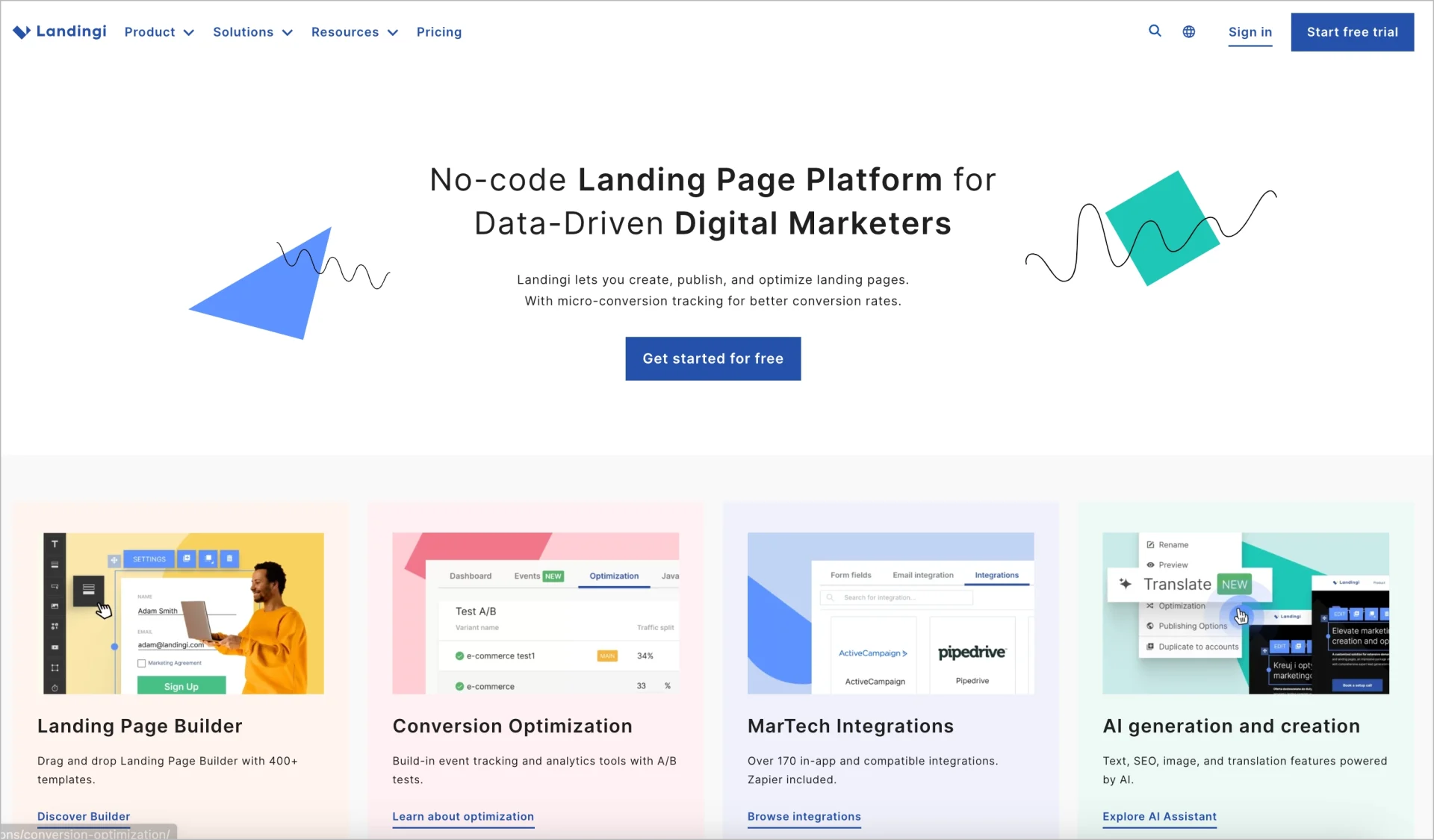 Site web de Landingi (fournisseur de logiciels reconnu par landing page) 