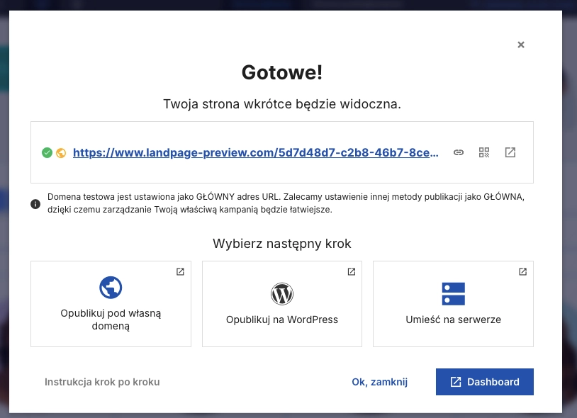 Opcje publikacji w Landingi