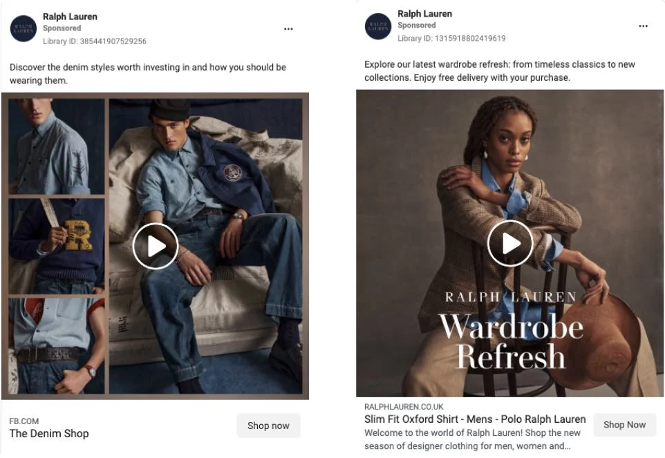 Dwie reklamy Ralph Lauren w social mediach z CTA