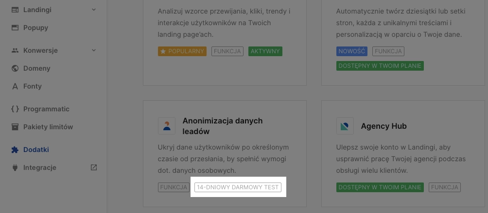 Okres testowy dodatkow