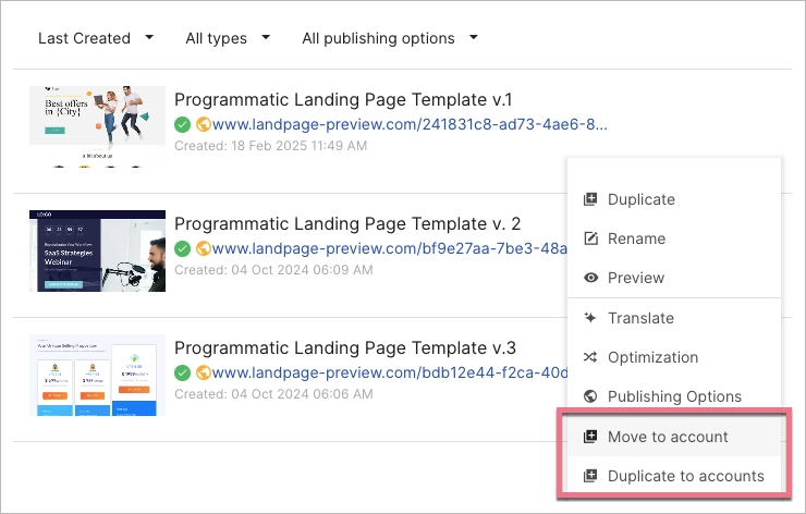 Transferring pages to subaccounts