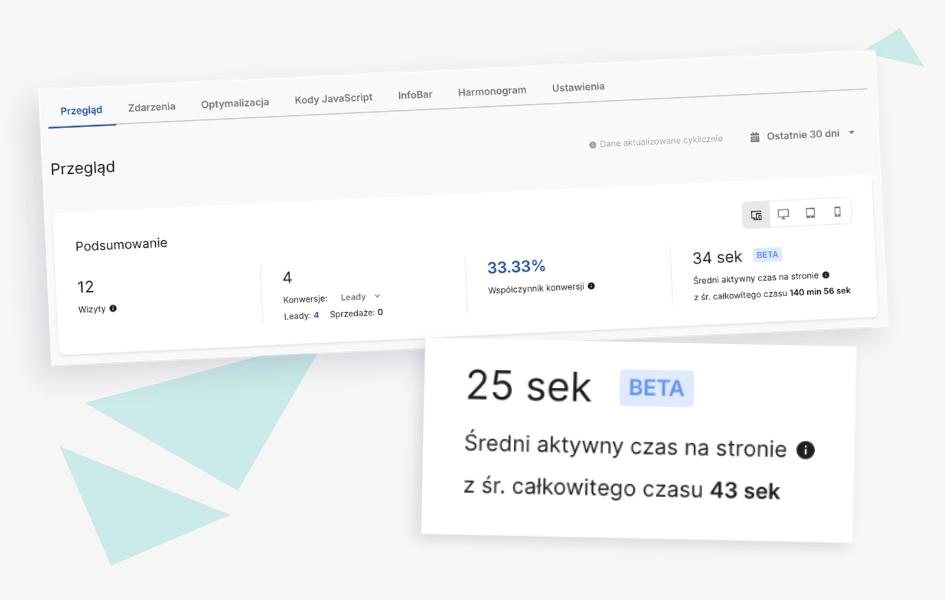 Metryki czasu na stronie w widoku Przegląd w EventTrackerze