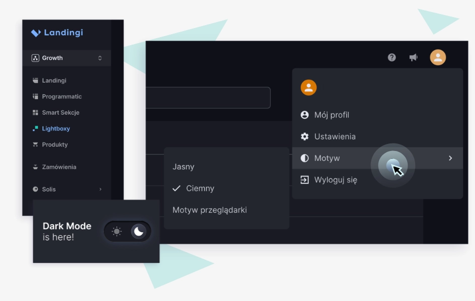 Wybór motywu ciemnego w platformie Landingi