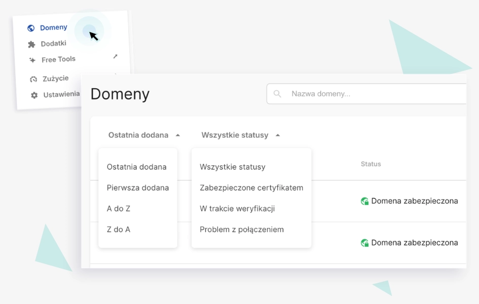 Zaktualizowany widok domen z sortowaniem i filtrami statusu