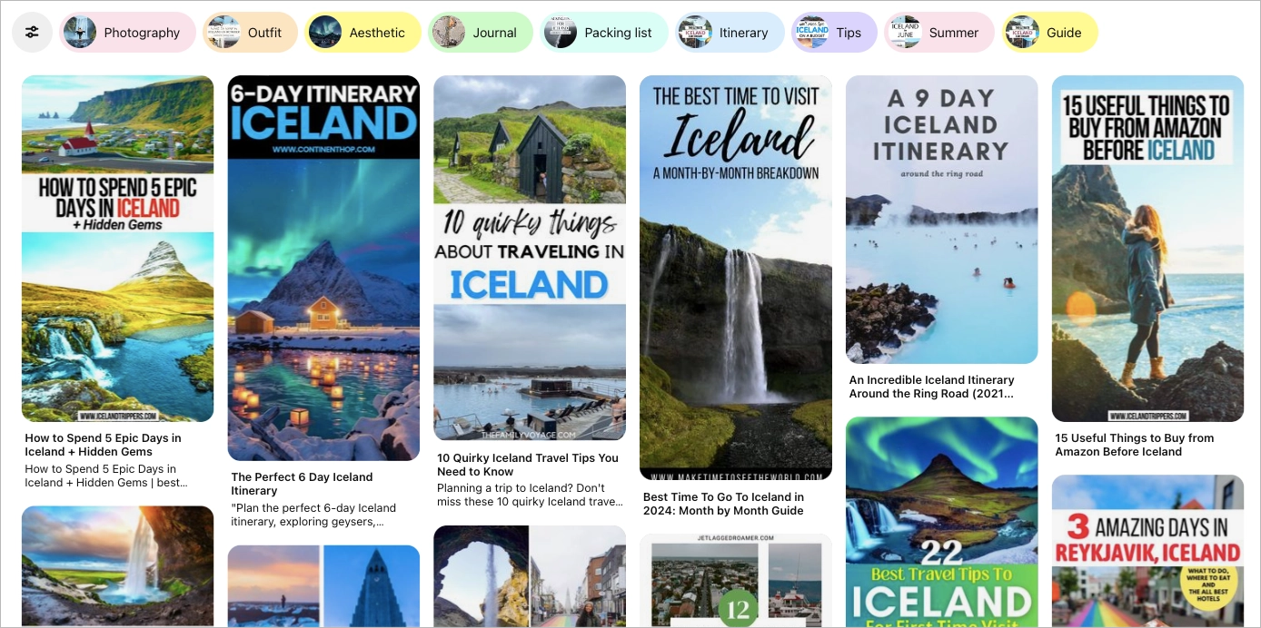 Pinterest-Board mit Reise-Pins.