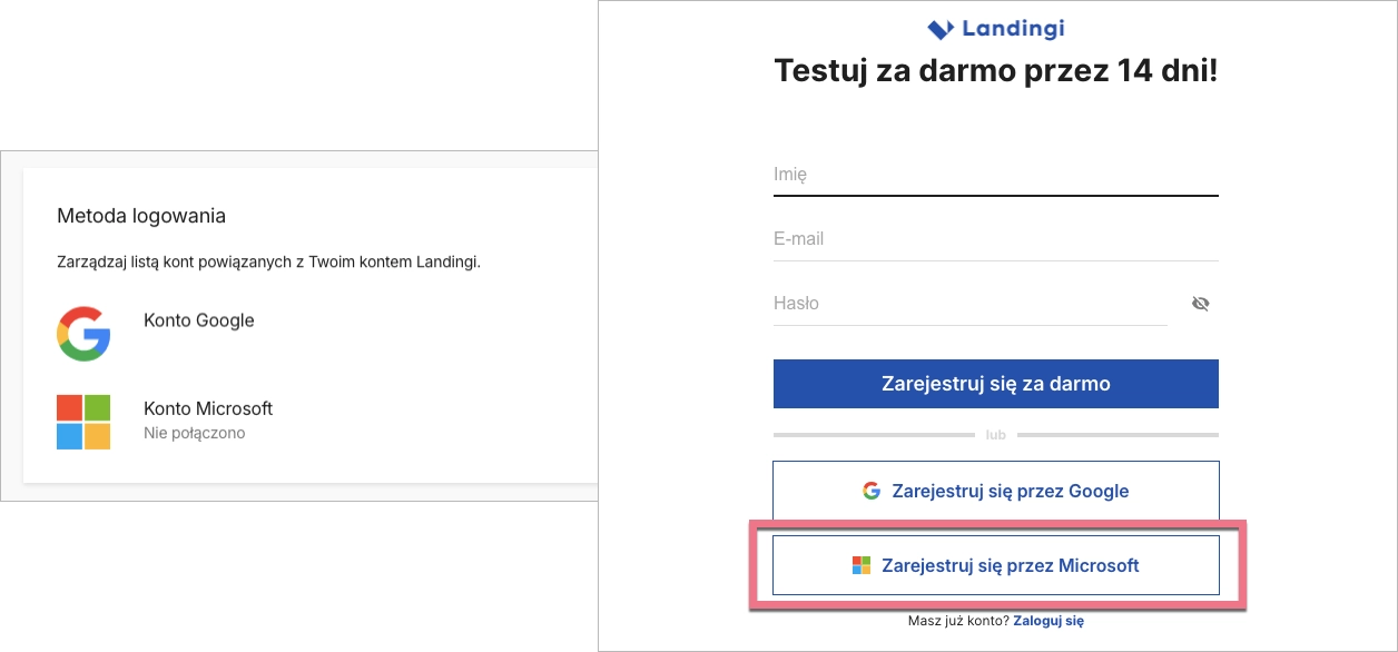 Widok rejestracji do Landingi