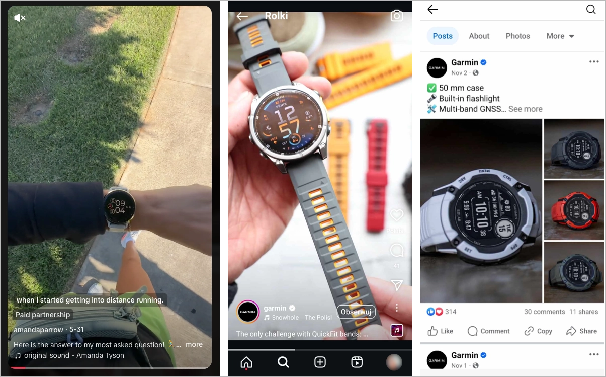 Three examples of social media posts